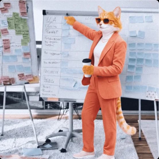 Cat strategist presenting ideas beside a whiteboard during a creative workshop