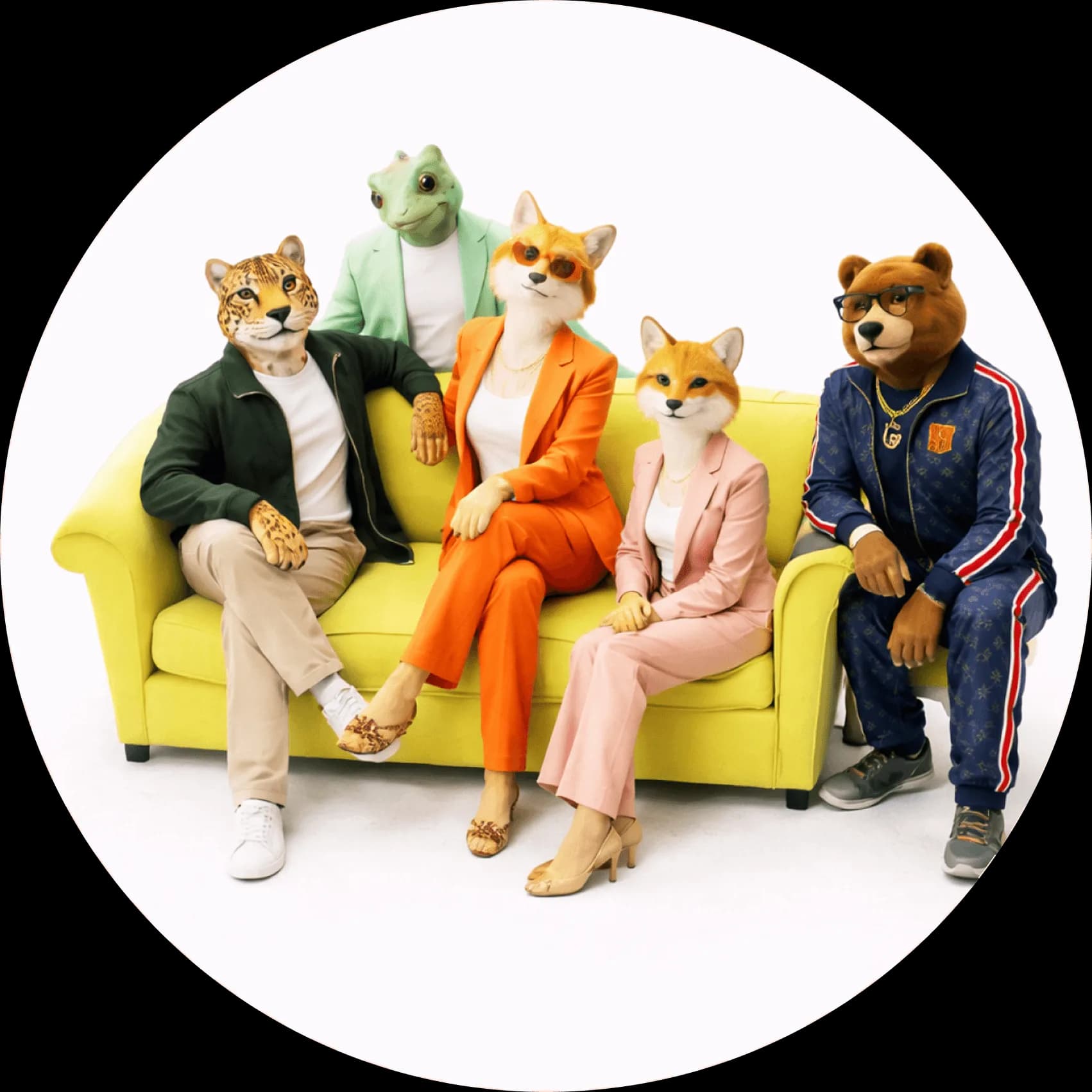 Creative team with animal characters posing together on a yellow sofa