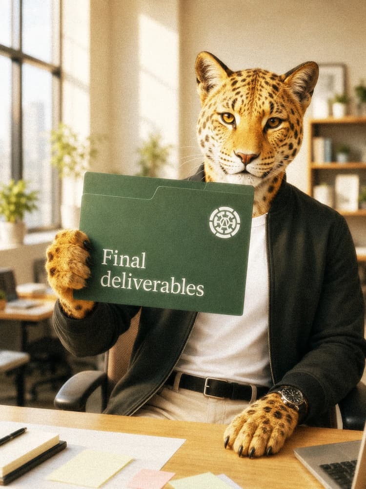 Leopard creative professional presenting a folder containing final project deliverables