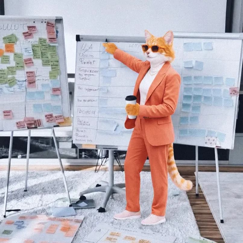 Fox creative professional presenting ideas on a whiteboard during a strategy session