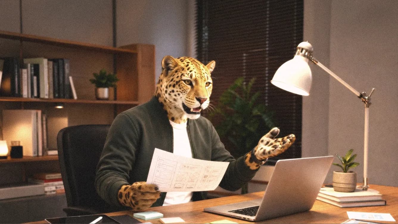 Leopard designer reviewing website wireframes while working on a laptop
