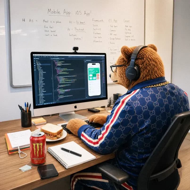 Bear developer building a mobile app at a desktop workstation