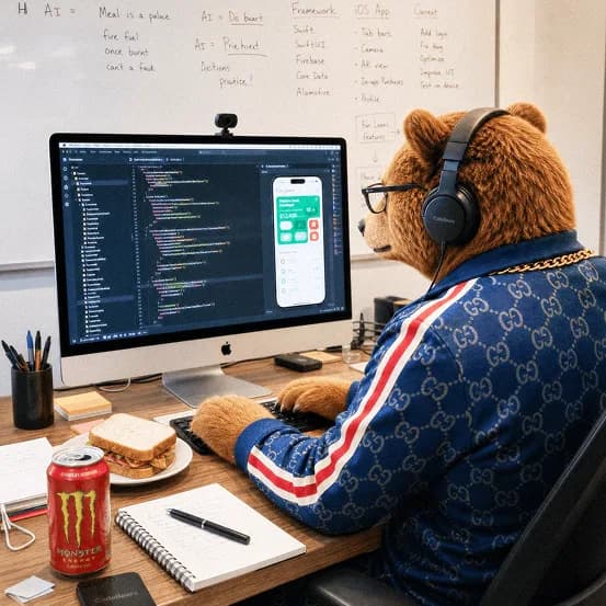 Bear developer coding a mobile application at a desktop workstation