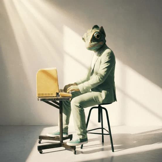 Chameleon creative professional working on a computer in a minimalist studio