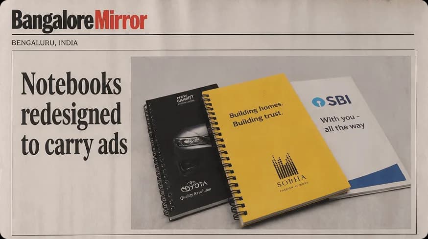 Bangalore Mirror feature on redesigned advertising notebooks for brands including Sobha and SBI