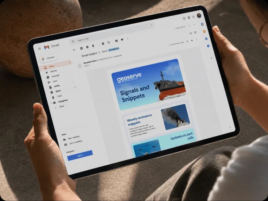 GeoServe email marketing newsletter displayed in Gmail on a tablet