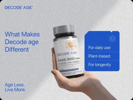 Decode Age supplement campaign featuring DAKE 5000 product packaging and plant-based wellness messaging