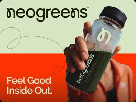 NeoGreens brand identity featuring a wellness drink bottle and bold lifestyle packaging design