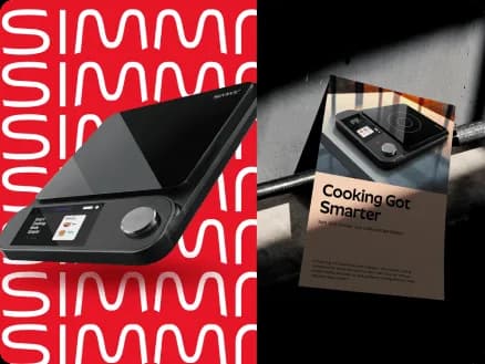 Simmr brand identity design featuring a smart cooking device and promotional print collateral