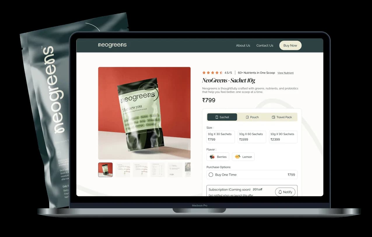 NeoGreens wellness brand identity showcasing green beverage packaging and lifestyle-focused visual design