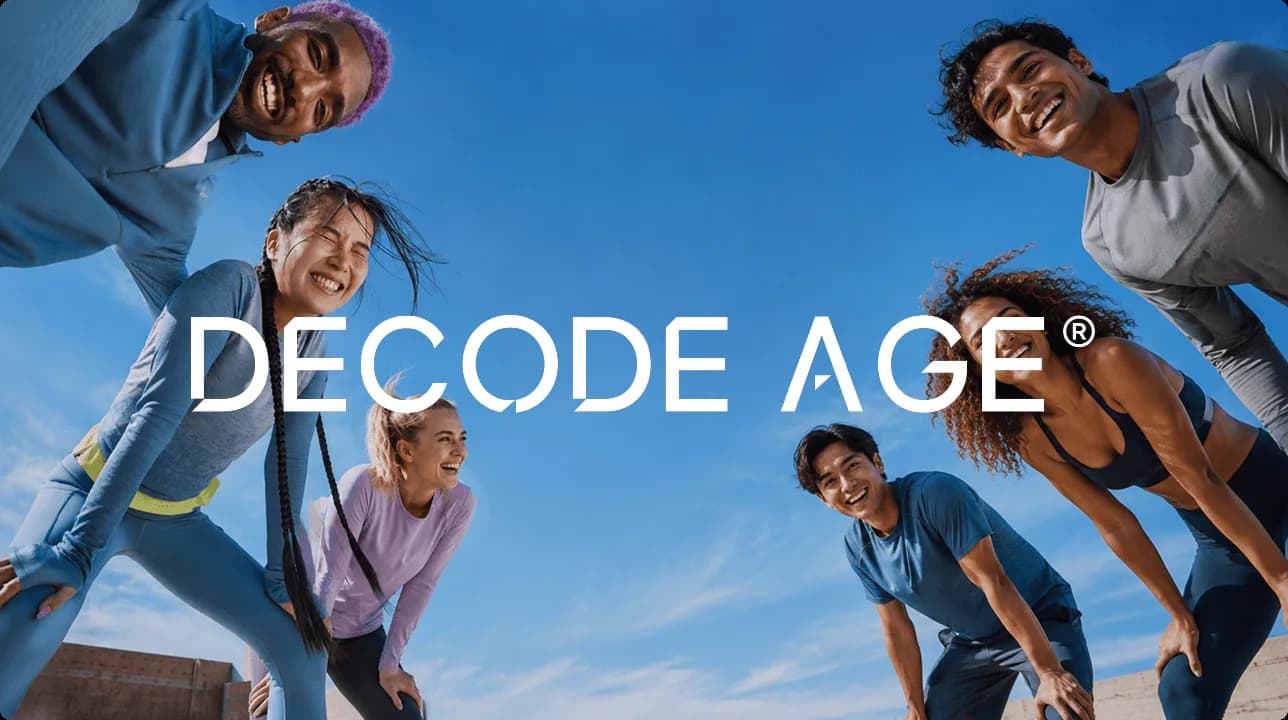 Decode Age longevity brand identity featuring science-led wellness products and modern packaging design