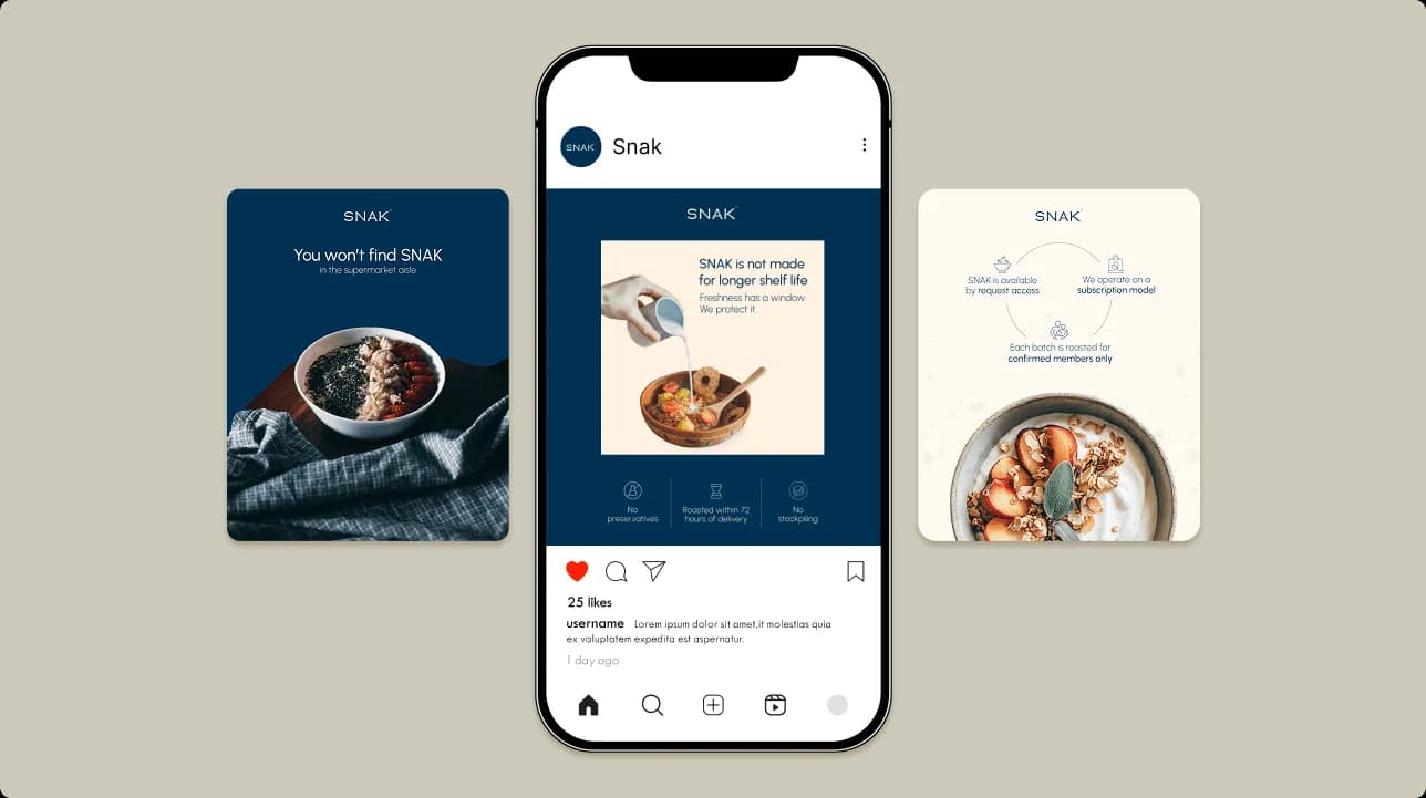 SNAK brand system showcasing packaging typography colors and visual identity elements