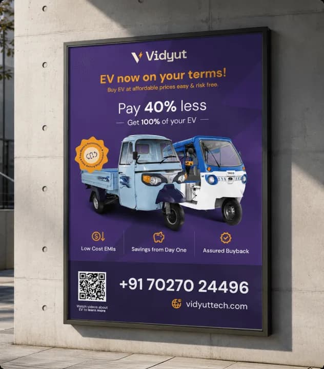 Vidyut brand communication showcasing electric vehicles and simplified financing options