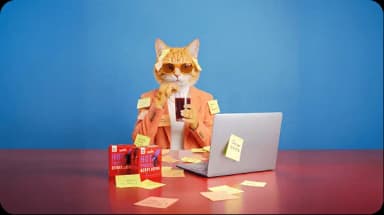 Cat creative professional brainstorming with sticky notes while working on a laptop