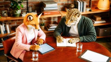 Fox and leopard creative professionals developing ideas together with a tablet and notebook