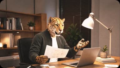 Leopard product strategist reviewing interface sketches beside a laptop
