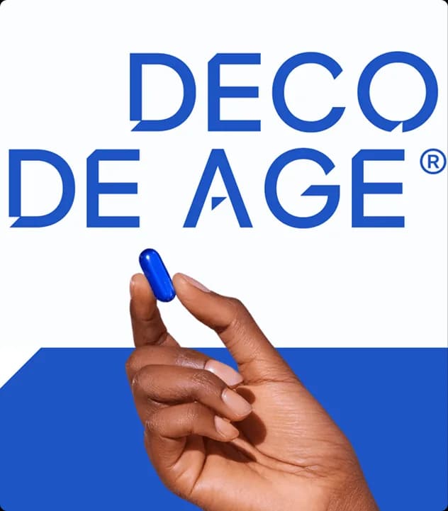 Decode Age product campaign showcasing healthy aging supplements and science-backed wellness messaging