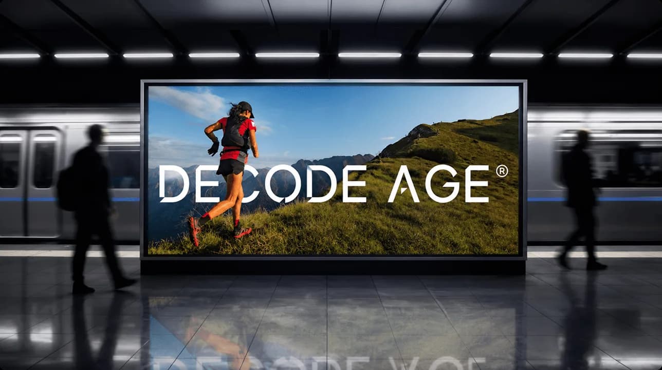 Decode Age wellness campaign featuring supplement products with clean clinical visual styling