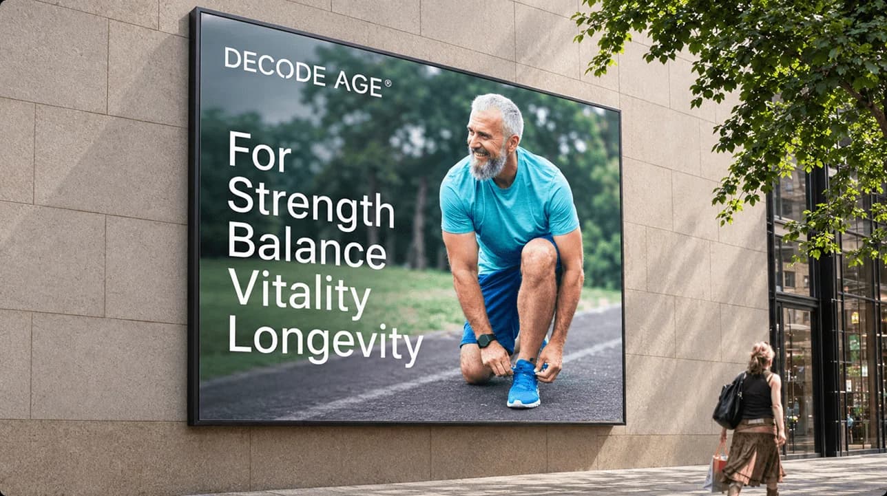 Decode Age campaign artwork presenting longevity supplements and health-focused product benefits