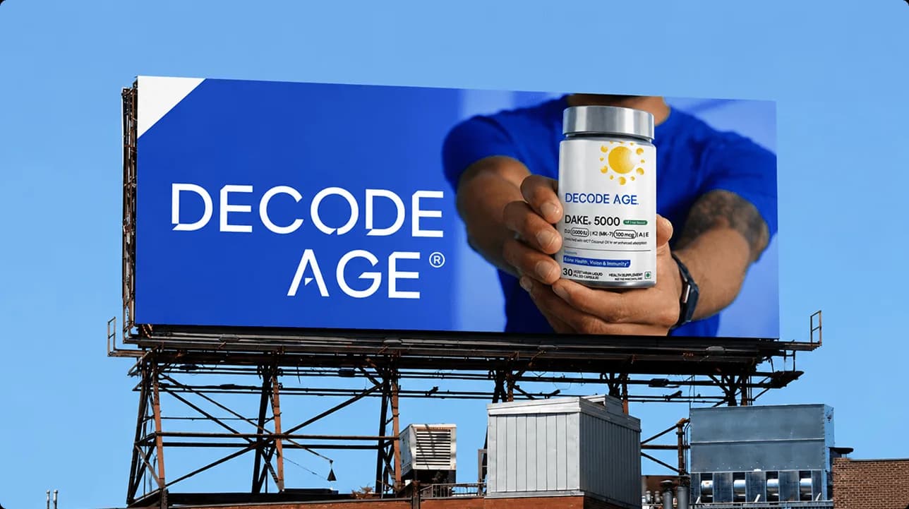 Decode Age product and brand experience highlighting healthy aging supplements and modern wellness design
