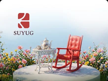 SUYUG real estate brand campaign featuring a rocking chair in a peaceful garden setting