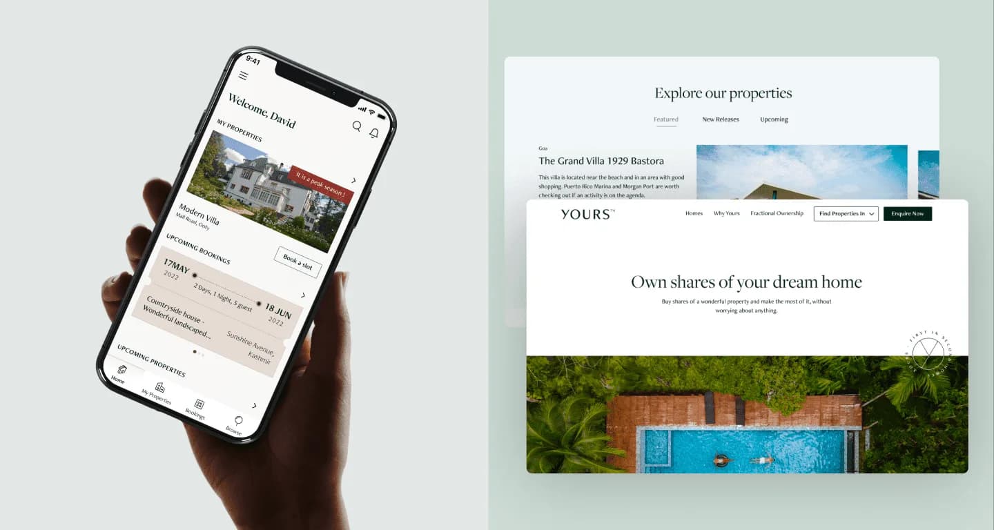 YOURS property platform shown across mobile and desktop interfaces for discovering and managing luxury homes