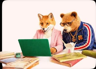Fox and bear creative professionals reviewing work together on a laptop