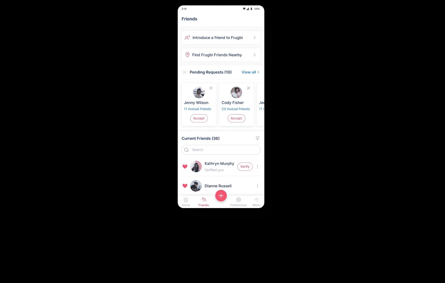 Frugbi social experience enabling users to connect and engage with friends