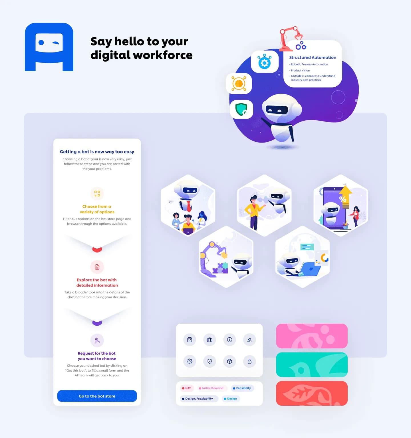 Bot Store welcome screen featuring a conversational hello message from the virtual assistant