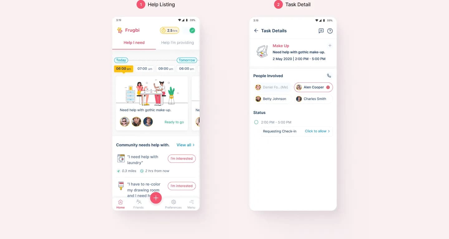 Frugbi interface showing contextual help and support within the user journey